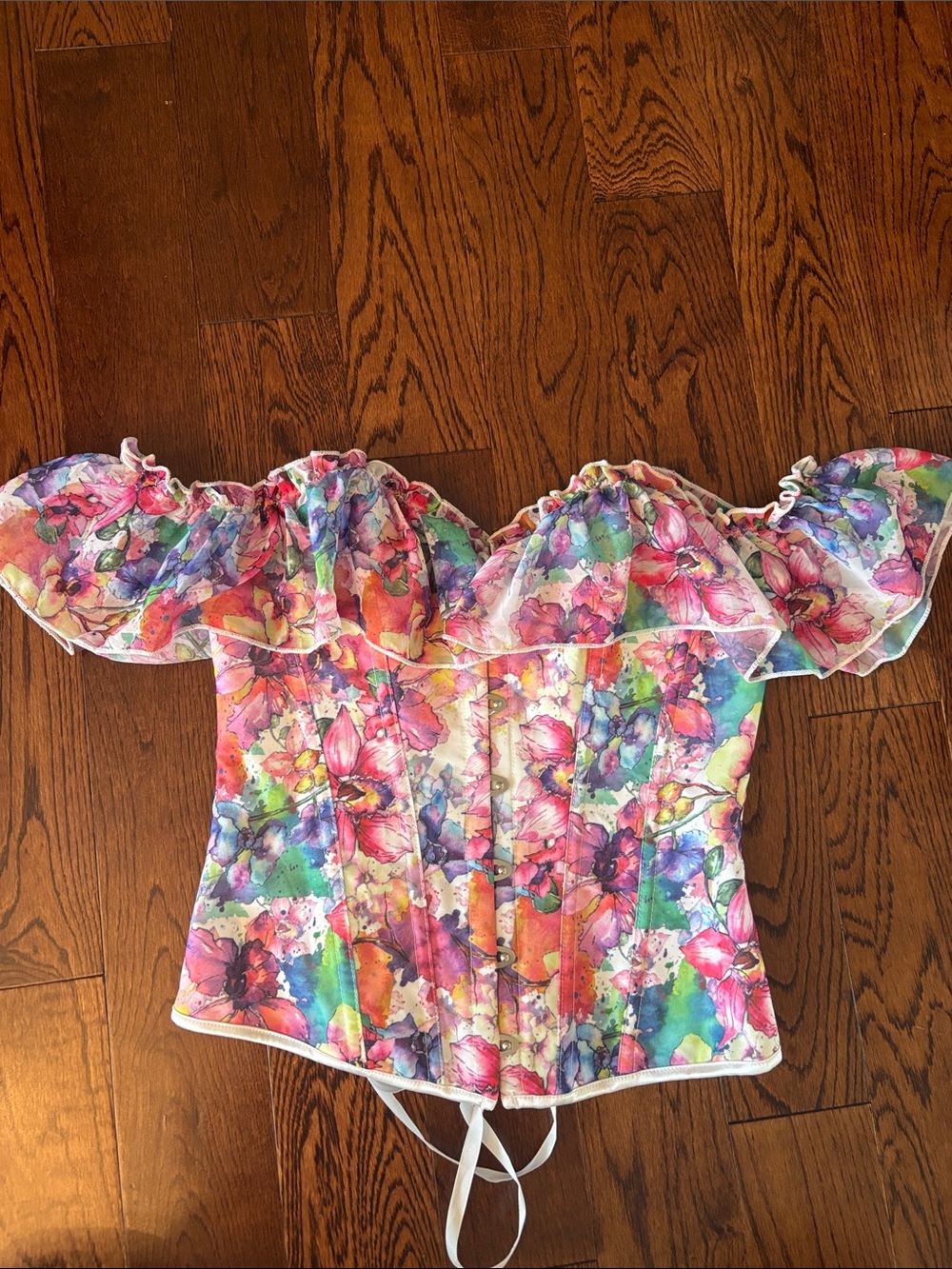 Vintage Floral Off-Shoulder Ruffled Corset Top - Multicolor